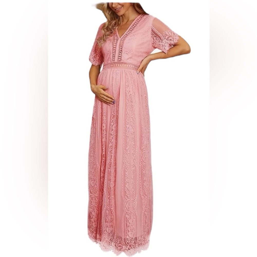 Lace Maternity Maxi Dress in Pink